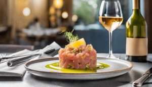 Tartare de truite à la prune rouge, basilic et courgette